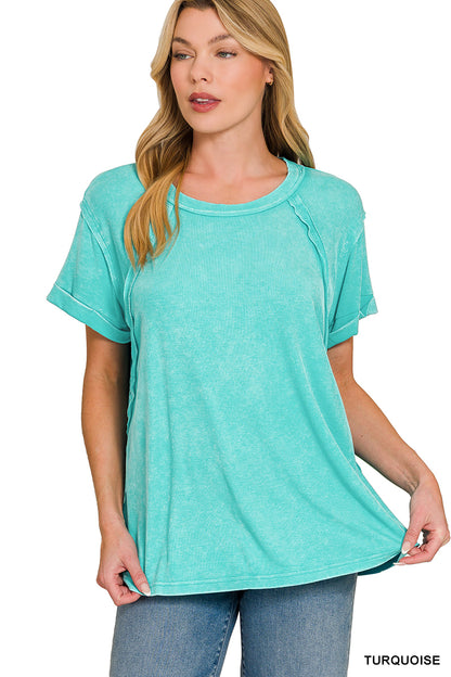 Washed ribbed cuffed short sleeve top - S - 3X - Turquoise
