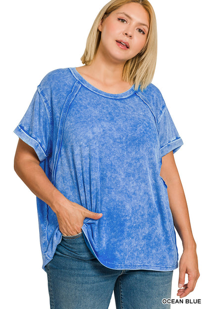 Washed ribbed cuffed short sleeve top - S - 3X - Ocean Blue