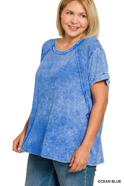 Washed ribbed cuffed short sleeve top - S - 3X - Ocean Blue