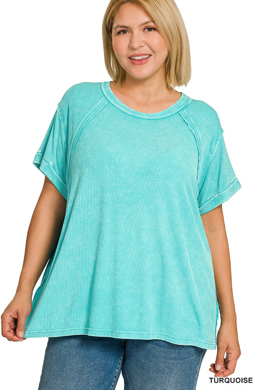 Washed ribbed cuffed short sleeve top - S - 3X - Turquoise