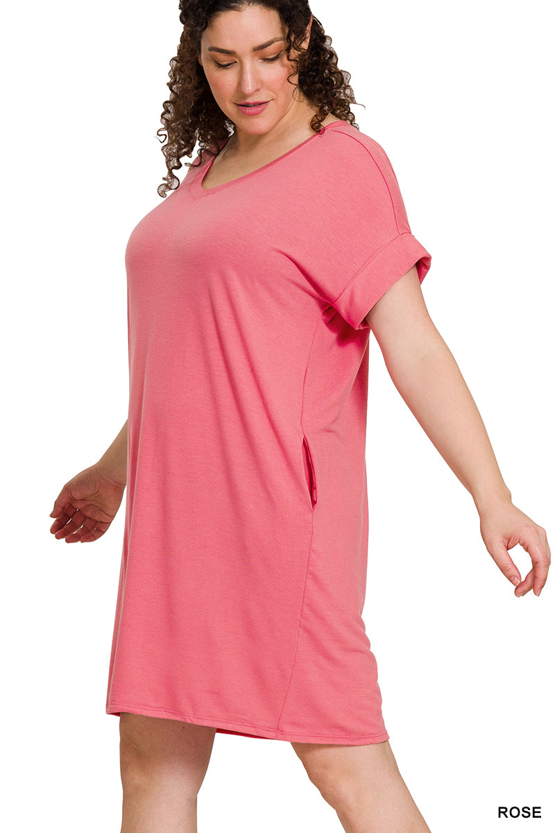 Plus Rolled Short Sleeve Dress - Rose