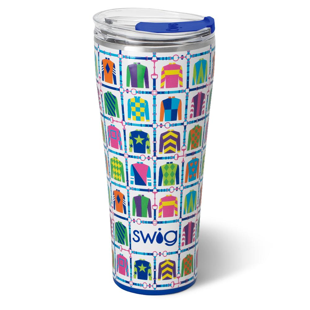 32oz insulated Swig Jockey Club tumbler with slim profile, cup holder-friendly, keeps drinks hot or cold, Perfect Tumbler for Derby Day!