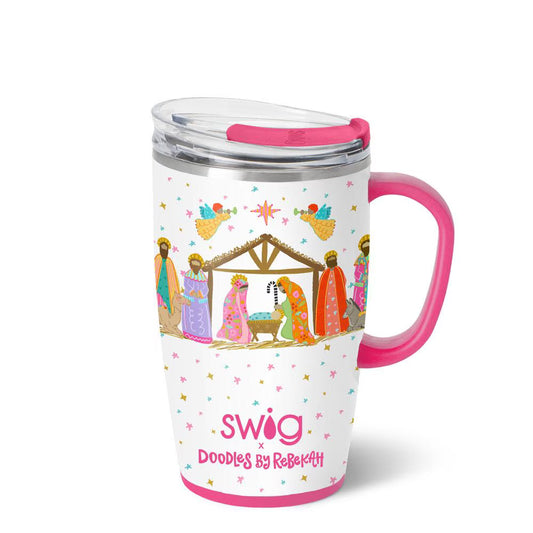 SWIG 18 oz A Thrill of Hope Christmas travel mug with colorful nativity design and pink handle