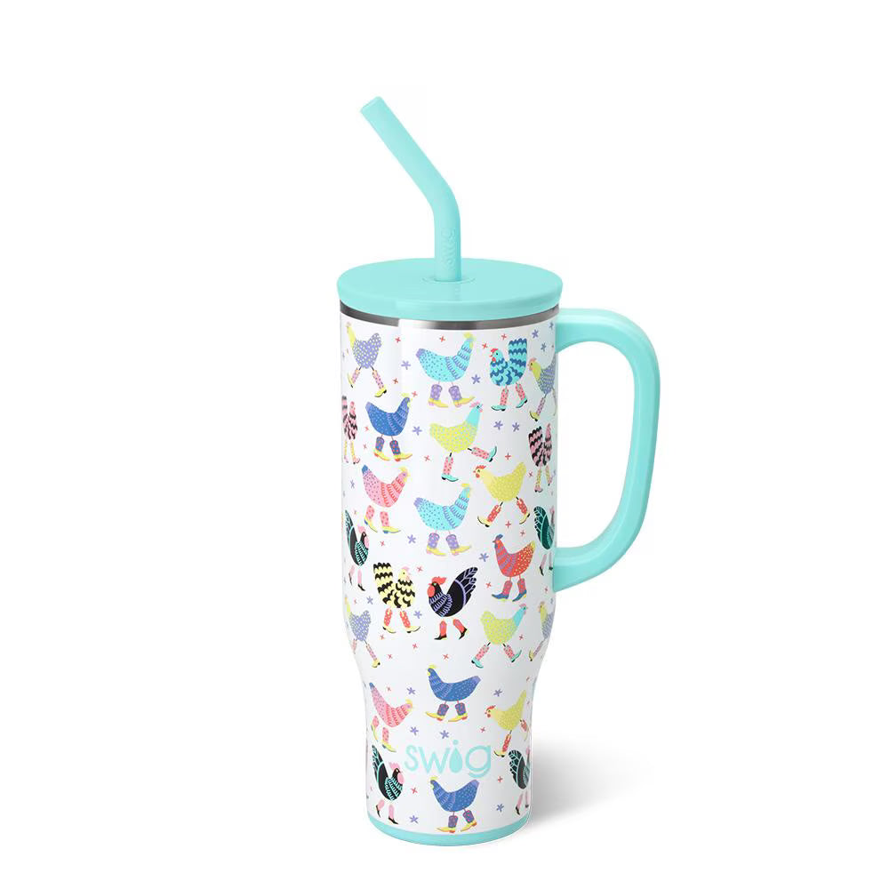 SWIG 30oz Funky Chicken Mega Mug with colorful chickens in cowgirl boots on glitter white background, insulated tumbler with handle and straw, fun and practical for everyday use