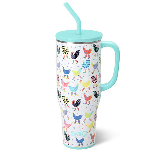 SWIG 40oz Funky Chicken Mega Mug with colorful chickens in cowgirl boots on glitter white background, insulated tumbler with handle and straw, perfect for fun hydration