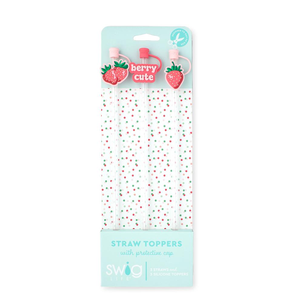 Set of three reusable Strawberry Shortcake straws with silicone charms and protective caps, compatible with Swig tumblers and most standard drinkware