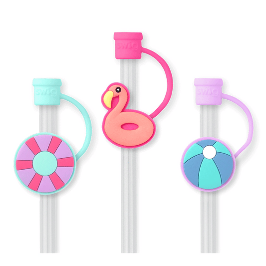 Set of three reusable Swig straws with In the Pool silicone charms and protective caps, compatible with Swig tumblers and standard drinkware
