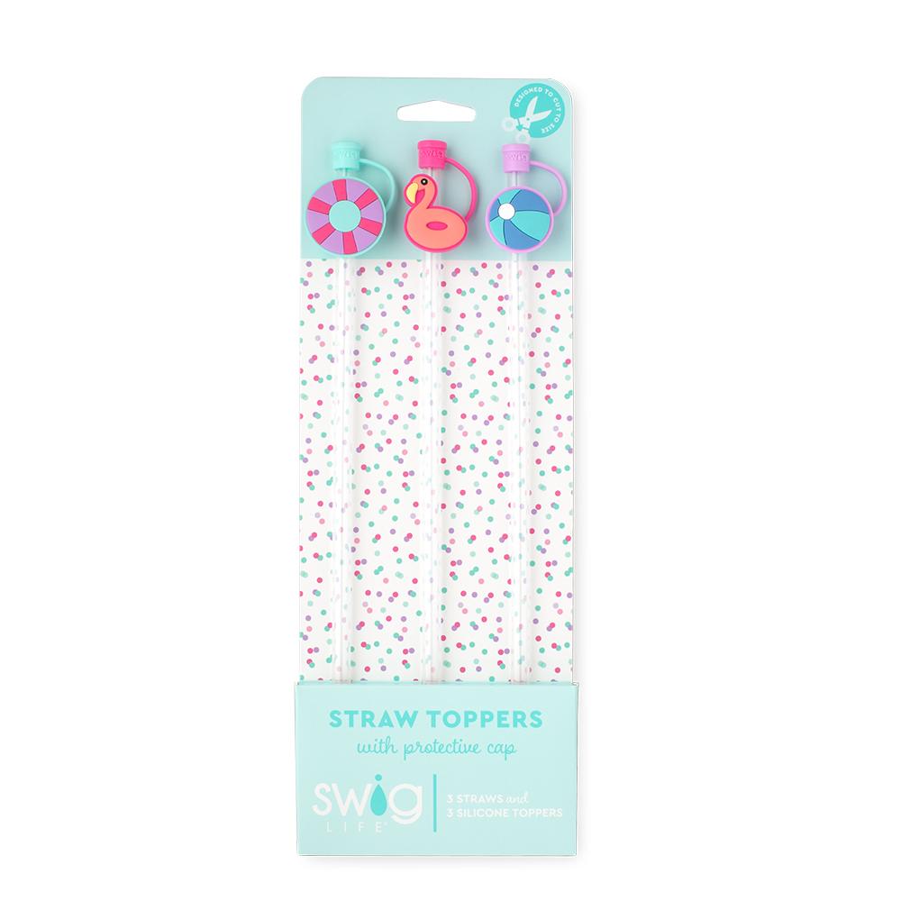 Set of three reusable Swig straws with In the Pool silicone charms and protective caps, compatible with Swig tumblers and standard drinkware