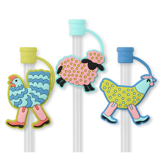 Set of three reusable Swig straws with Funky Chicken silicone charms and protective caps, compatible with Swig tumblers and standard drinkware