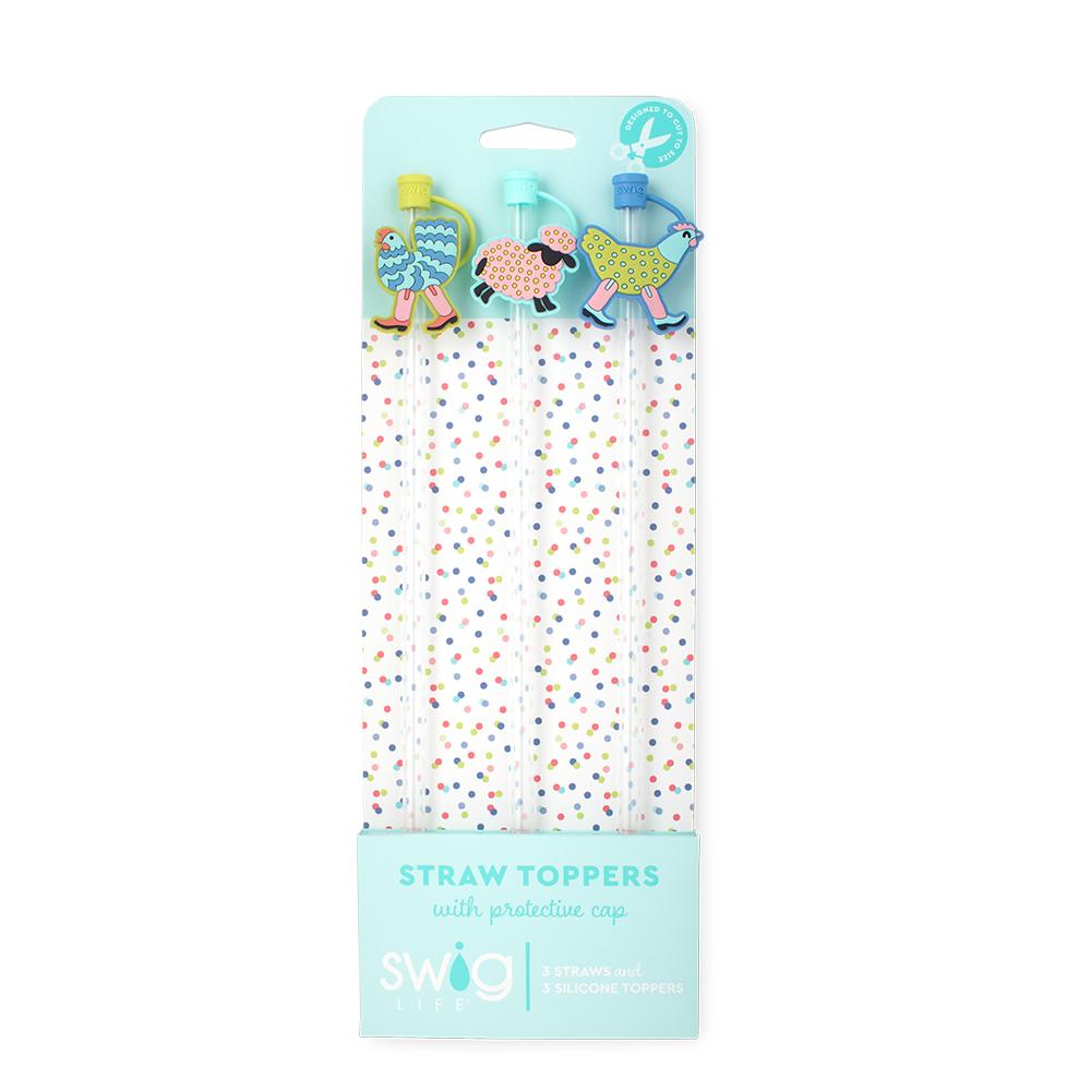 Set of three reusable Swig straws with Funky Chicken silicone charms and protective caps, compatible with Swig tumblers and standard drinkware