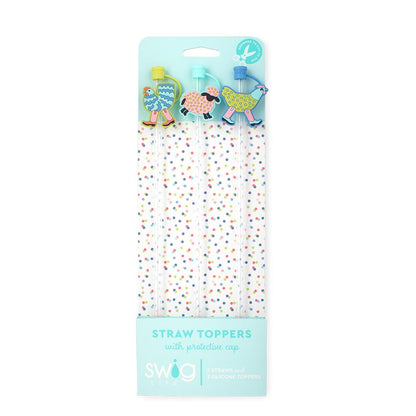 Set of three reusable Swig straws with Funky Chicken silicone charms and protective caps, compatible with Swig tumblers and standard drinkware