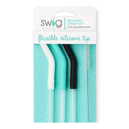 Set of reusable straws for SWIG Mega Mugs with colorful silicone flexi-tips, eco-friendly and spill-resistant, compatible with Swig tumblers