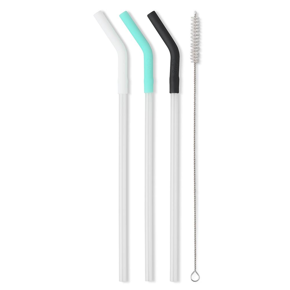 Set of reusable straws for SWIG Mega Mugs with white, aqua, and black silicone flexi-tips, eco-friendly and spill-resistant, compatible with Swig tumblers
