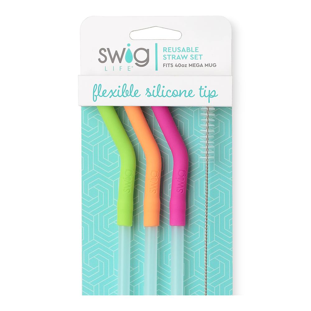 Set of reusable straws for SWIG Mega Mugs with lime, orange, and berry silicone flexi-tips, eco-friendly and spill-resistant, compatible with Swig tumblers 