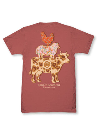 Simply Southern maple short sleeve cotton T-shirt featuring a stacked rooster, sheep, and cow graphic with stitched-inspired patterns.