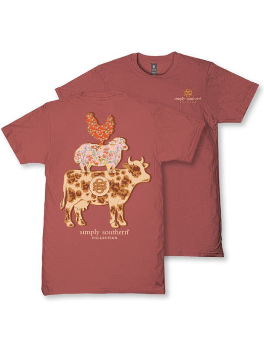 Simply Southern maple short sleeve cotton T-shirt featuring a stacked rooster, sheep, and cow graphic with stitched-inspired patterns.