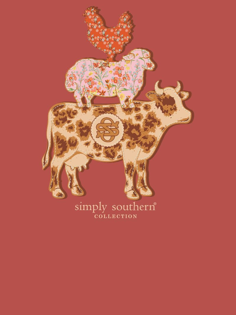 Simply Southern maple short sleeve cotton T-shirt Cow, Sheep, Chicken Pattern.