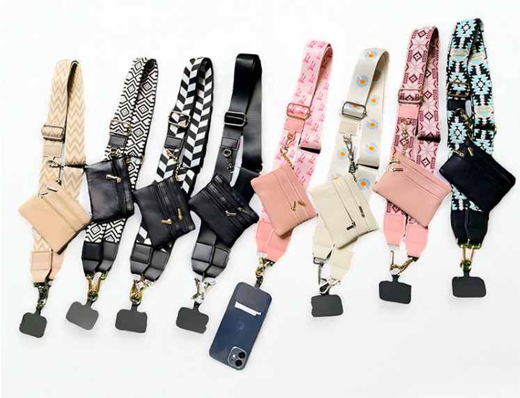 Clip & Go crossbody phone strap with zippered wallet featuring an adjustable strap, weather-resistant design, and secure phone attachment.