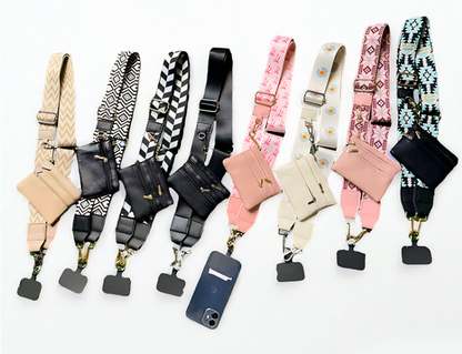 Clip & Go crossbody phone strap with zippered wallet featuring an adjustable strap, weather-resistant design, and secure phone attachment.