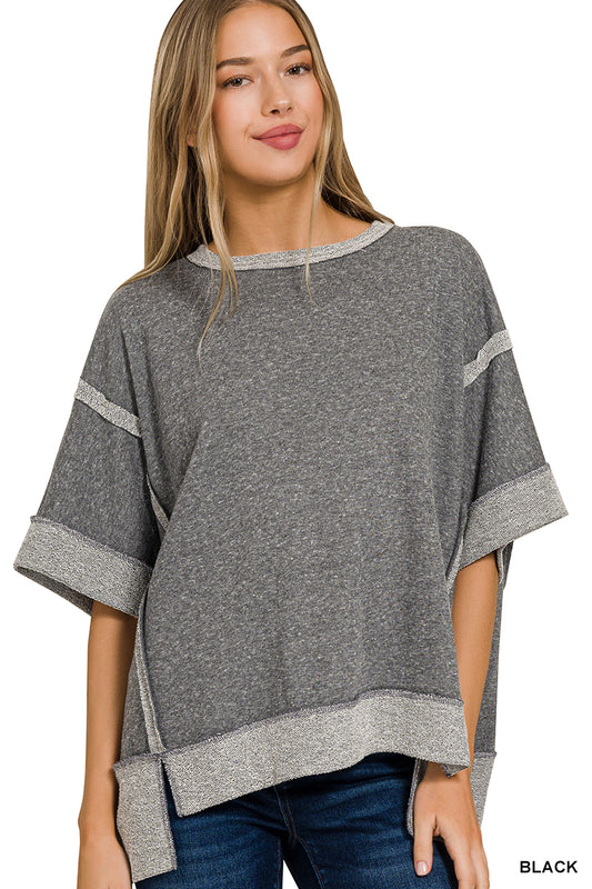 Terry Knit Inside-Out Detailed Top Sizes Small to 3X - Charcoal