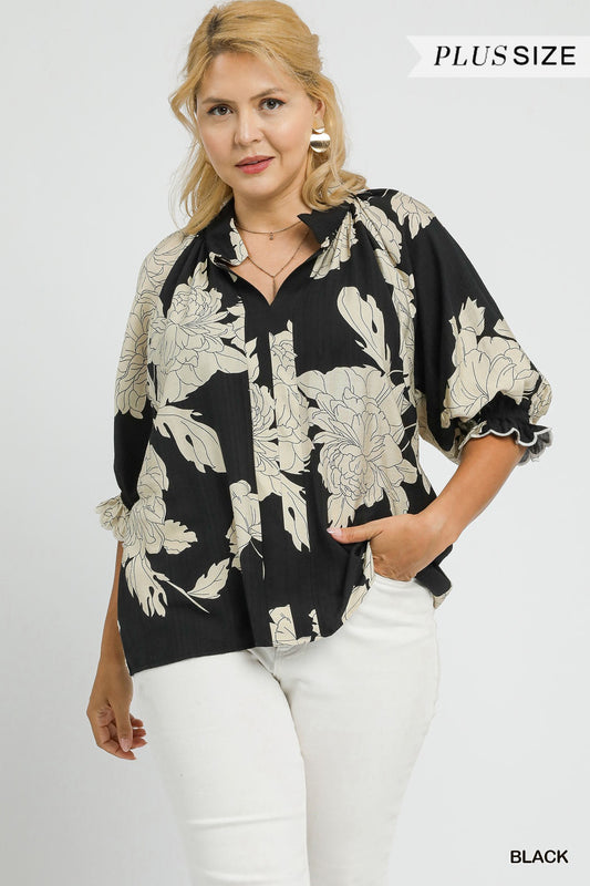 Umgee Floral Scallop Trim Blouse - Black
