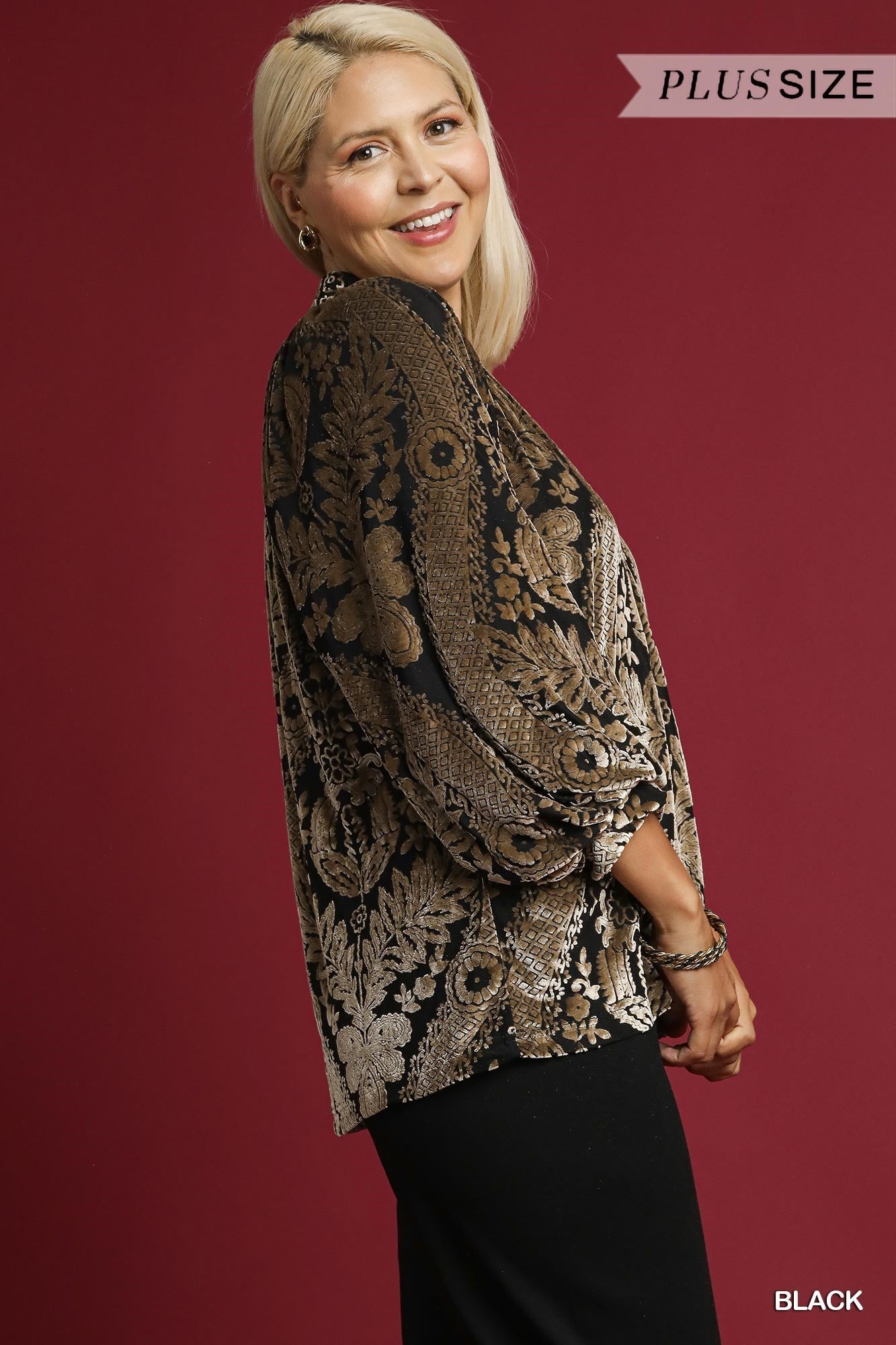 Umgee Damask Print Velvet Split Neck Top - Black