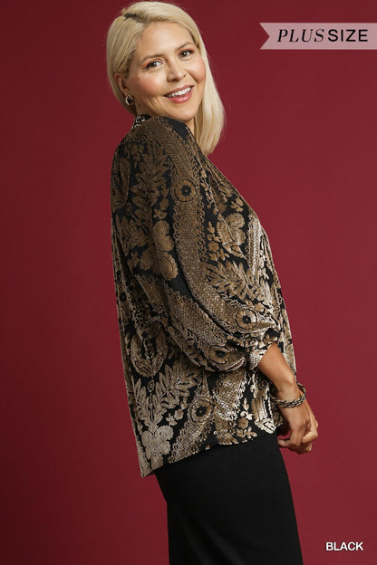 Umgee Damask Print Velvet Split Neck Top - Black