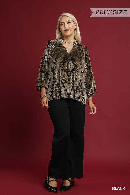 Umgee Damask Print Velvet Split Neck Top - Black