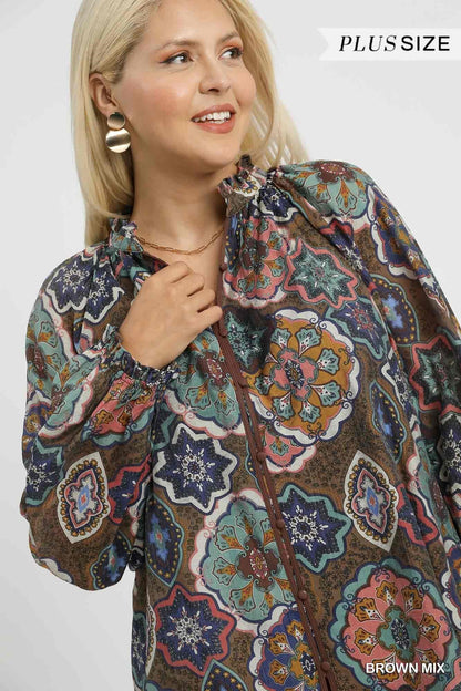 Umgee Boho Mosaic Print Button Down Blouse