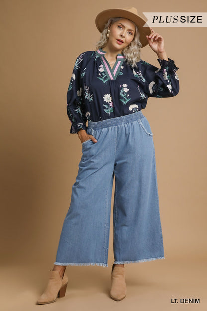 Umgee Washed Denim Pants with Fringe Hem - 2 Colors -  Small -2X