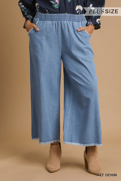 Umgee Washed Denim Pants with Fringe Hem - 2 Colors -  Small -2X