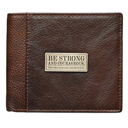 Strong and Courageous Two-tone Brown Full Grain Leather Wallet - Joshua 1:9