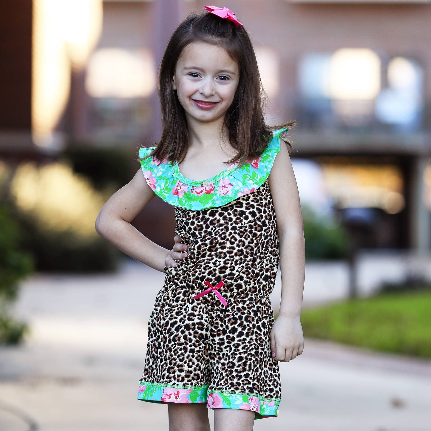 Girls Leopard Floral Cotton Spring Shorts Jumpsuit Romper