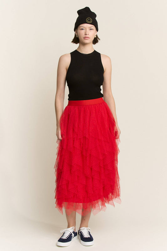 Red Layered Polka Dot Mesh Lined A-Line Midi Skirt