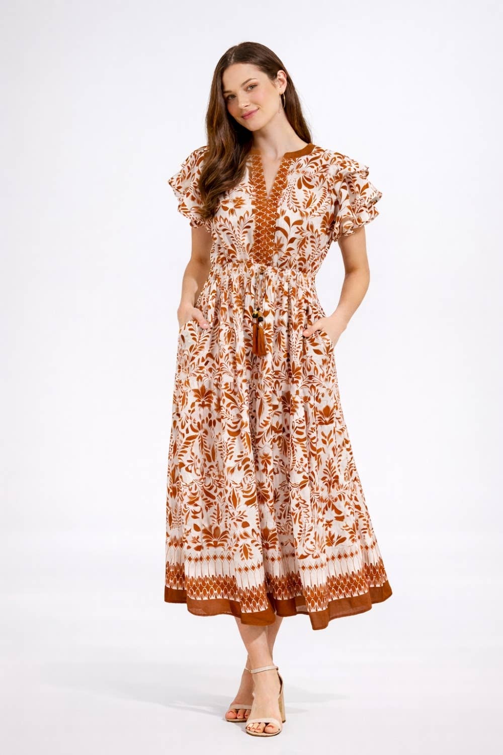Flutter Sleeve Printed Midi Dress
