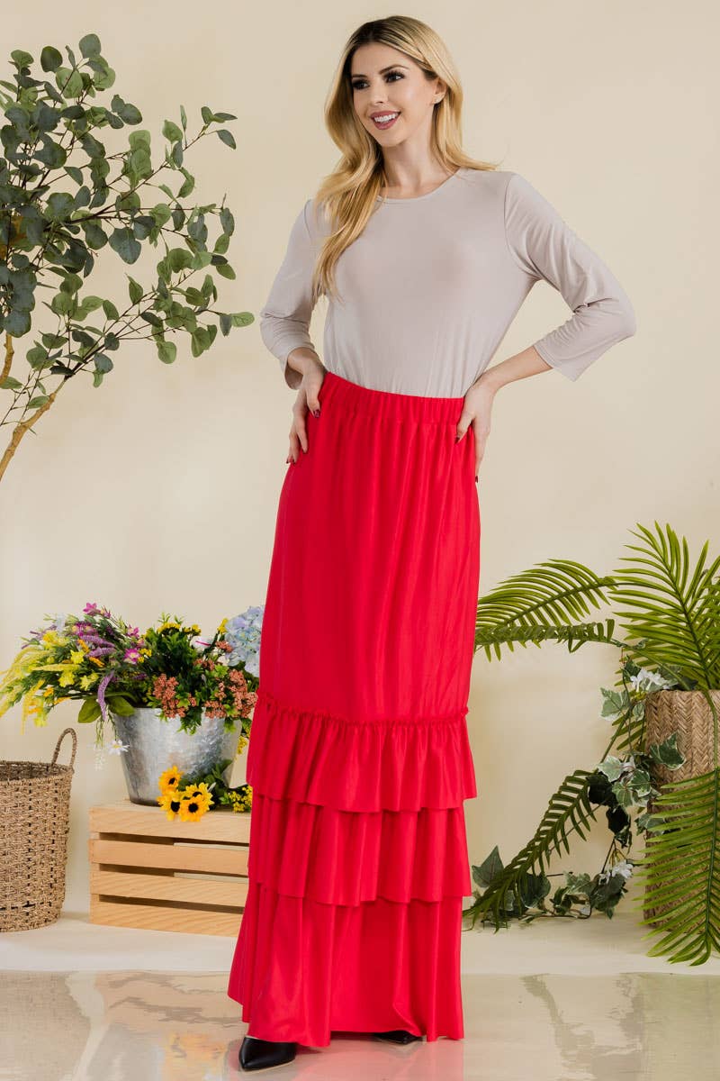 Celeste Tiered Maxi Skirt - Red