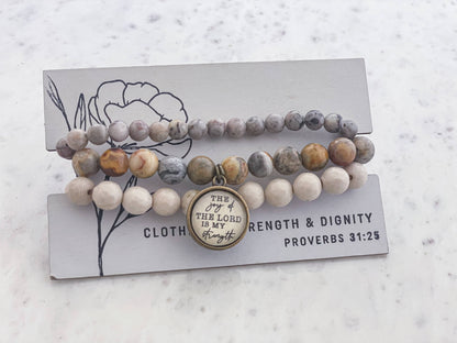 Joy of the Lord Stretch Bracelet Stack - Fossil & Agate
