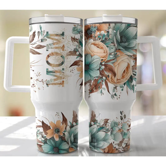 Mom Teal Floral 40oz. Tumbler with Handle