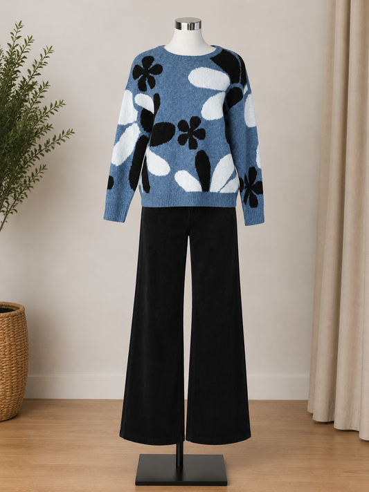 Keren Hart Blue Sweater with Large Flowers