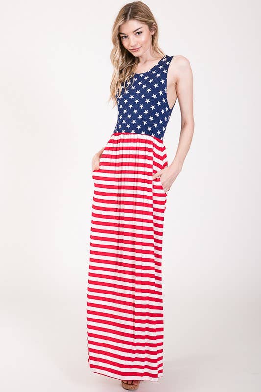 Stars and Striped Maxi Dress with Pockets