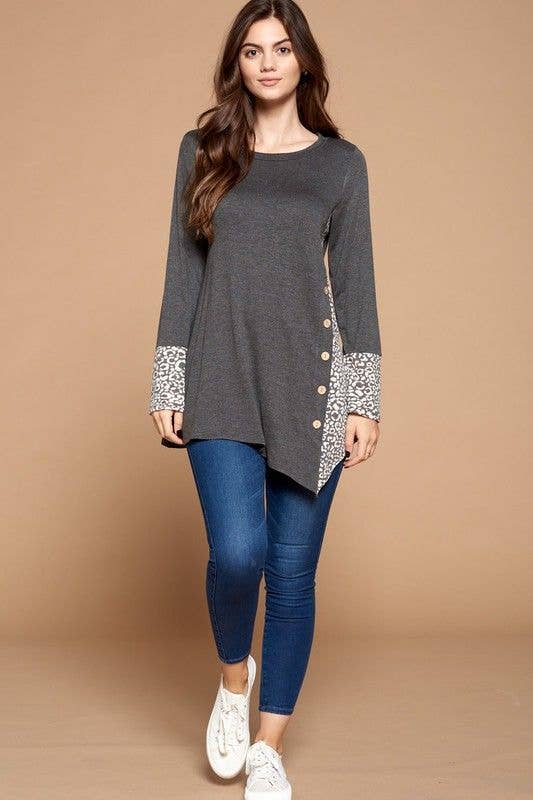 Charcoal Side Button Tunic Top with Animal Print Contrast