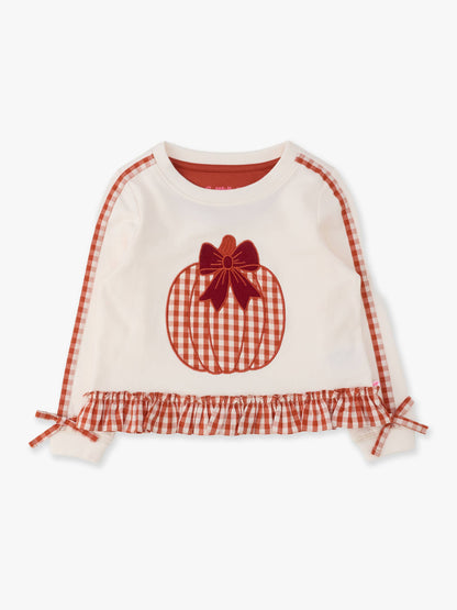 Girls Pumpkin Bow Ivory Applique Ruffle Bow Sweatshirt