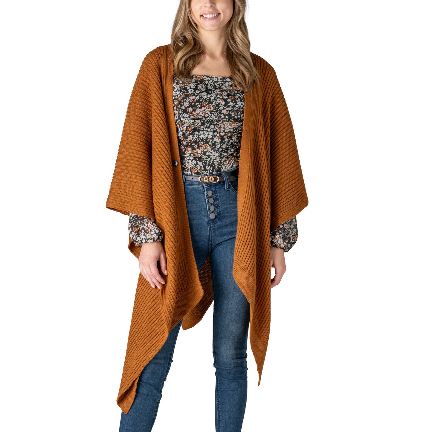 Allthreads Heritage Sweater Wrap featuring a cozy midweight rib knit, oversized silhouette, and button closure for versatile year-round layering.