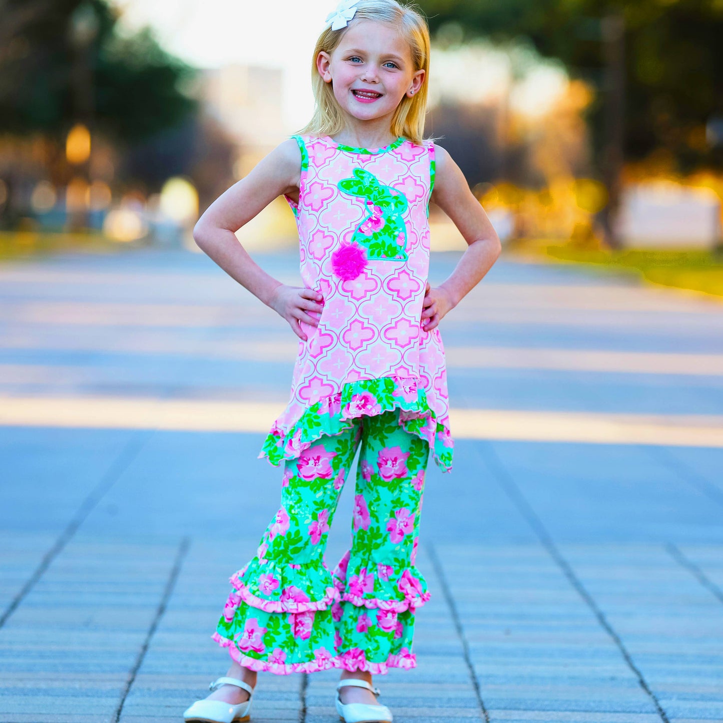 AnnLoren Girls Easter Outfit Pink Arabesque Bunny Floral PrP