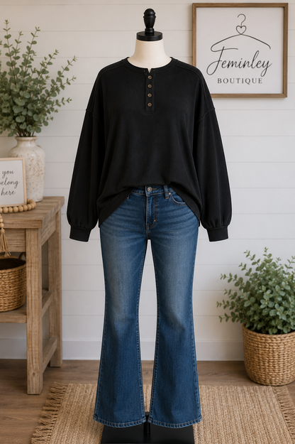 Zenana Black Dropped Shoulder Long Sleeve Top (S-3X)