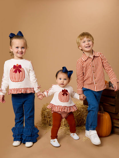 Girls Pumpkin Bow Ivory Applique Ruffle Bow Sweatshirt