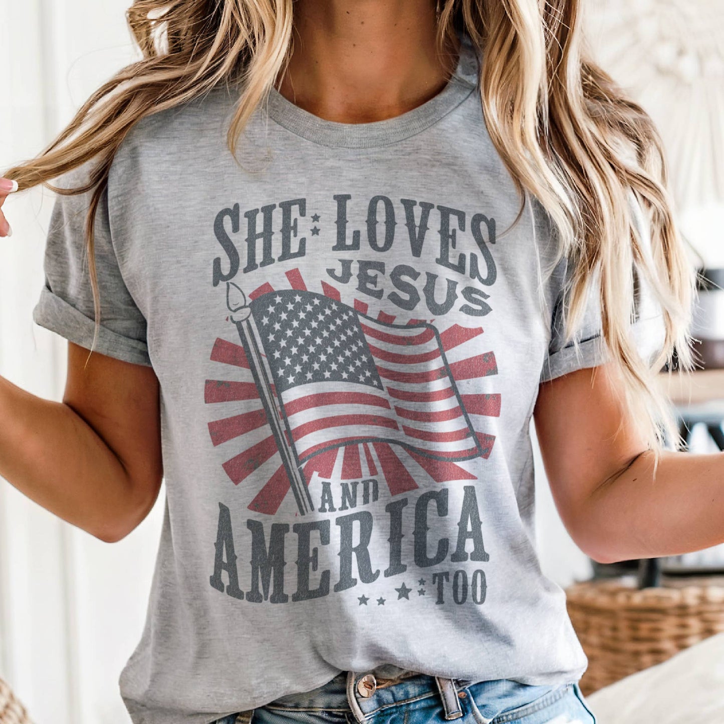 Vintage USA She Loves Jesus and America Too Graphic Tee