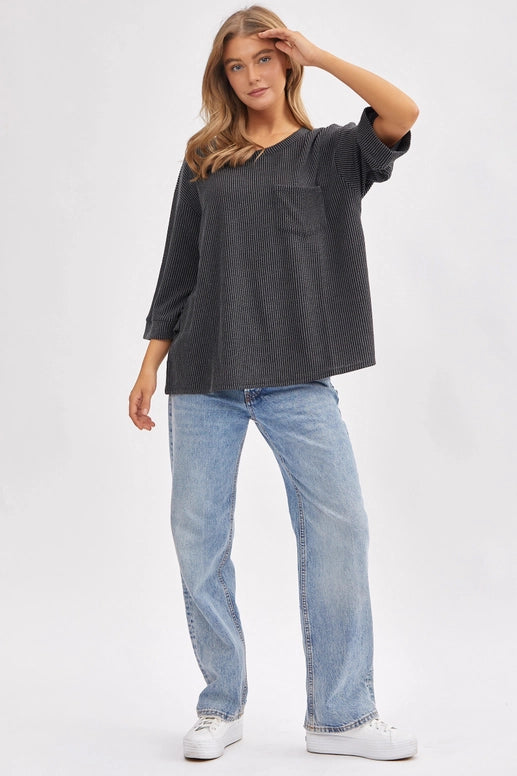 Black Ribbed 3/4 Sleeve Knit Top Small-3X