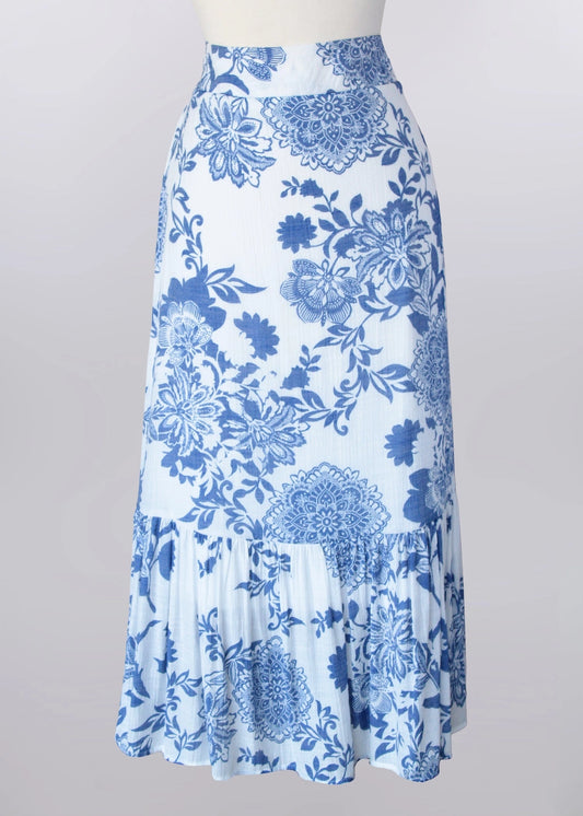 Keren Hart Blue & White Floral Midi Length Lined Skirt