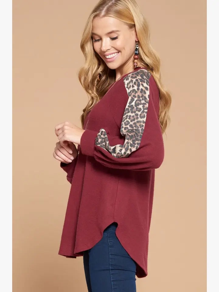 Solid Hacci Brush Tunic Top with Leopard Detail